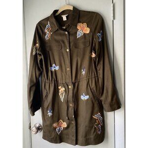 Chico's Tunic Shirt Jacket Womens Small Blouse Green Embroidered Floral Oriental